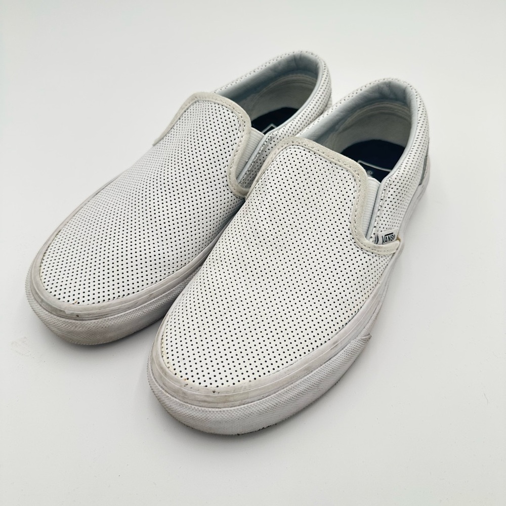 White leather perforated slip on vans